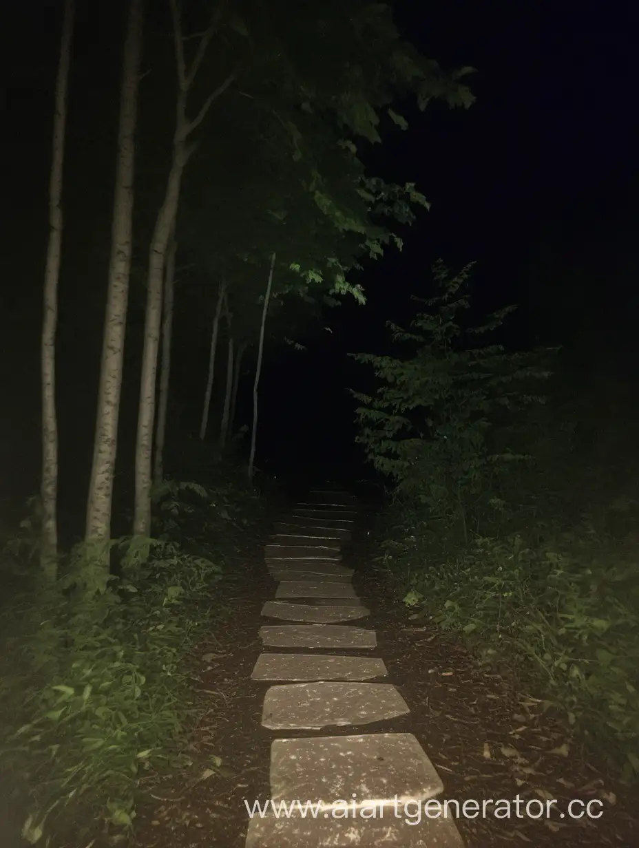 Pathway in the forest at night, poor quality phone picture