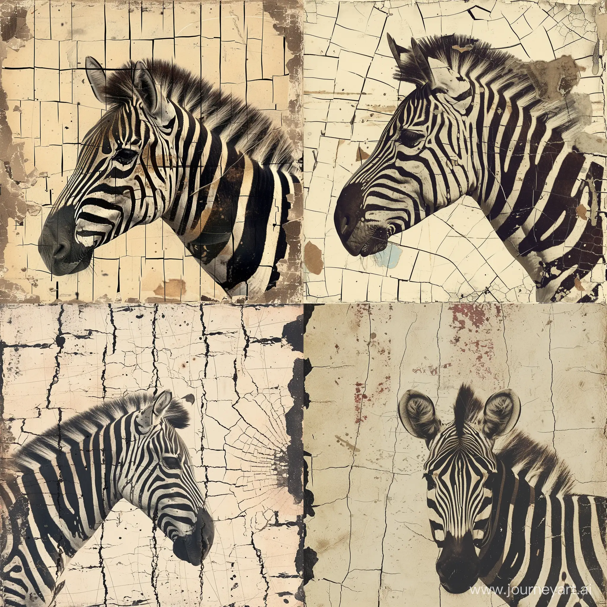 double exposure complex art, zebra on a surreal postcard on a cracked paper