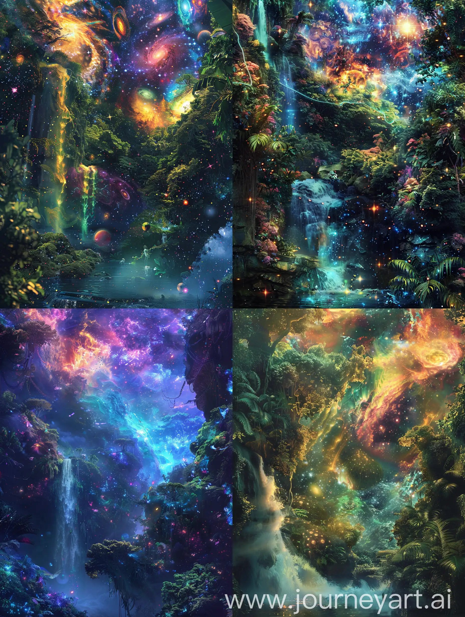 Dark forest jungle with moutions in water fall with galxy exploring an abstract universe filled with vibrant, nebulous formations, exuding a sense of joy