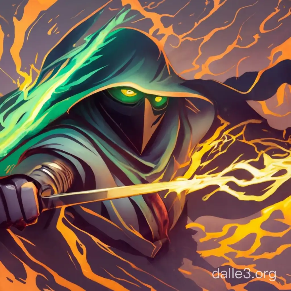 Kenku bladesinger wielding a black sword wreathed in green flame, wearing a cloak of shadows attacking towards camera with green firelight reflected in his eyes 