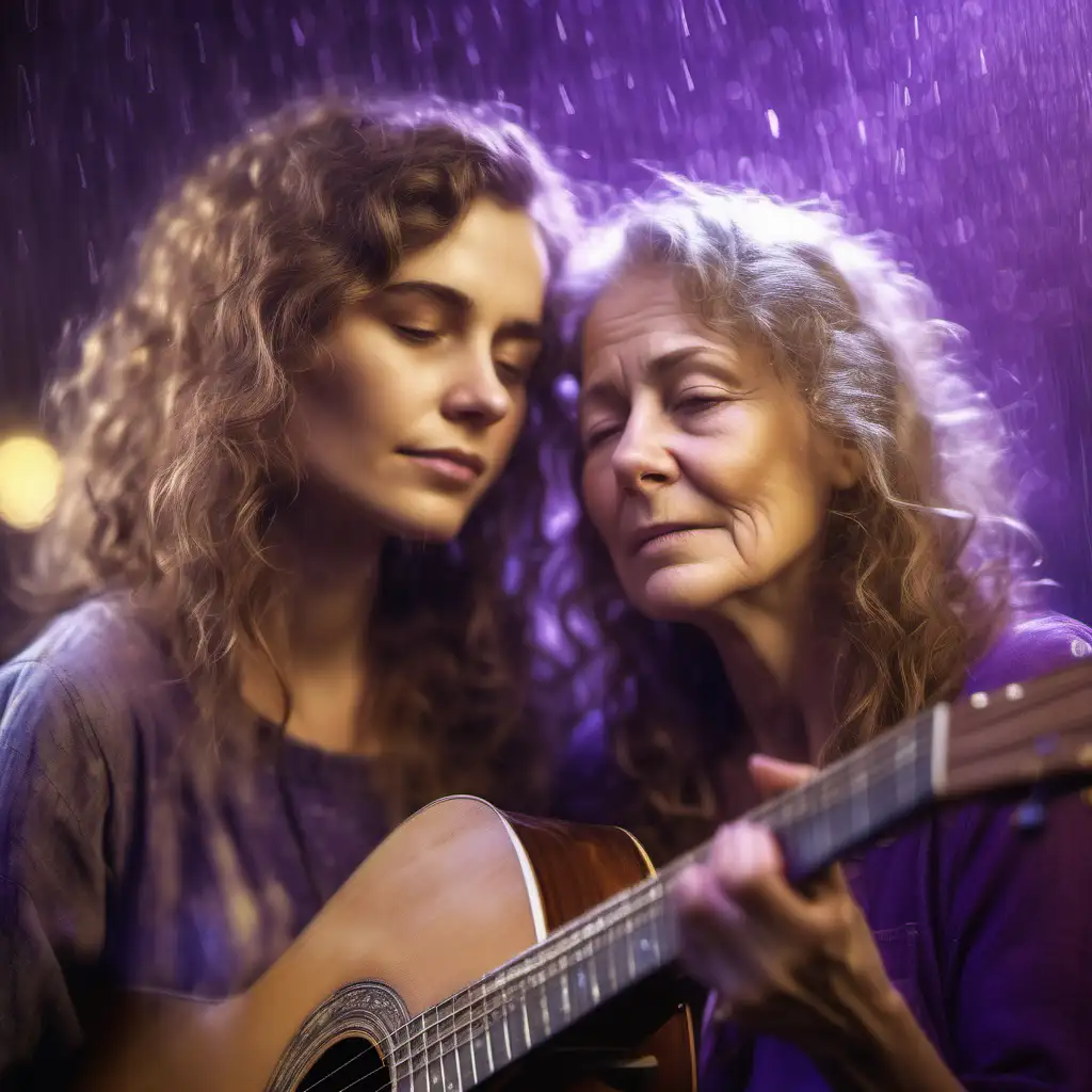 young woman with long light brown lightly curly hair looking into a mirror of herself as an older ageing woman with a longing and loving look on their face while playing acoustic guitar and surrounded with an hazy atmosphere of purple with golden rain