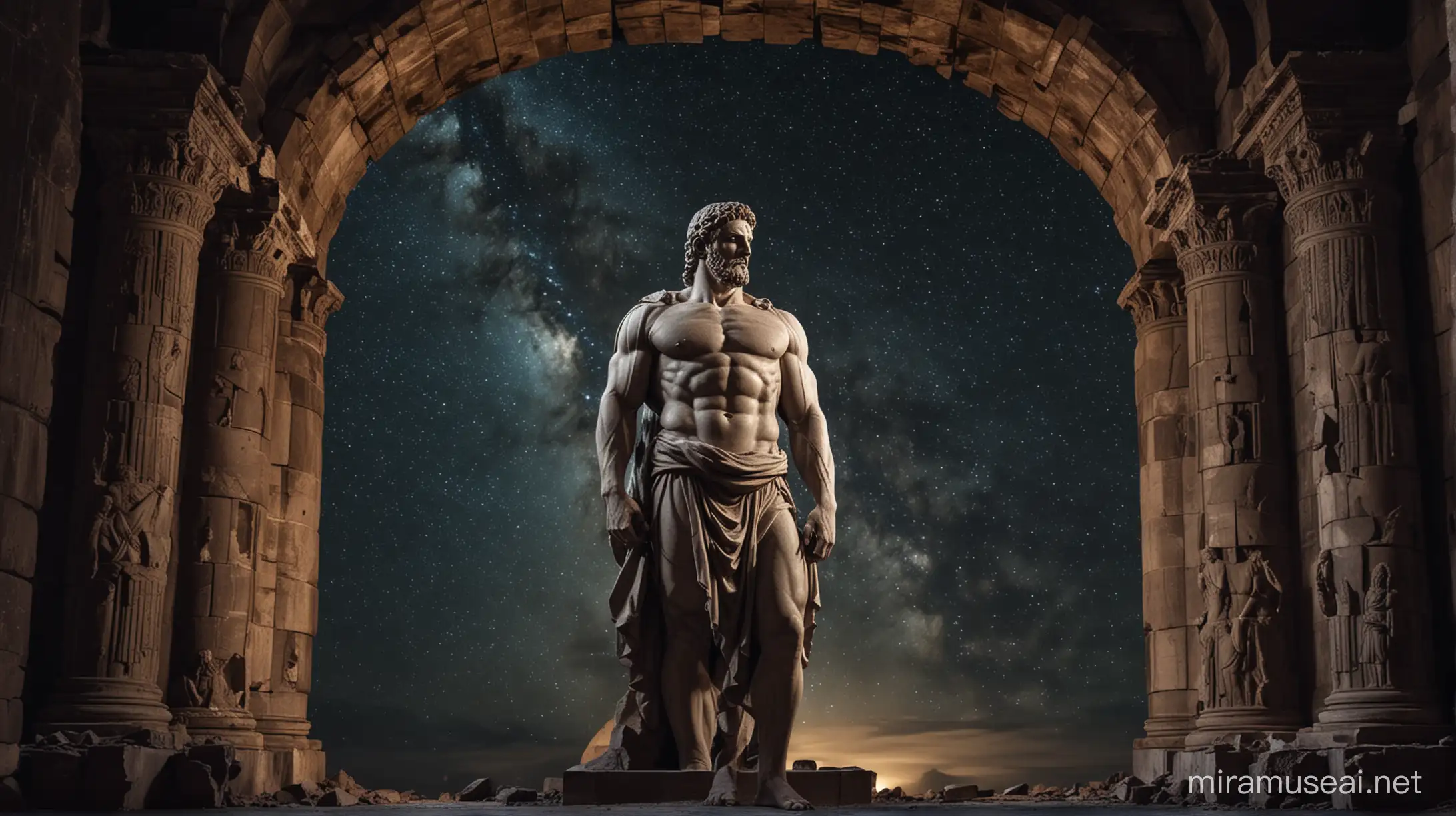 Stoicism, Motivation, stoic muscular STATUE outside , dark, stoic background horizontal. against the background of the dark hole falling stars, he enters an ancient building