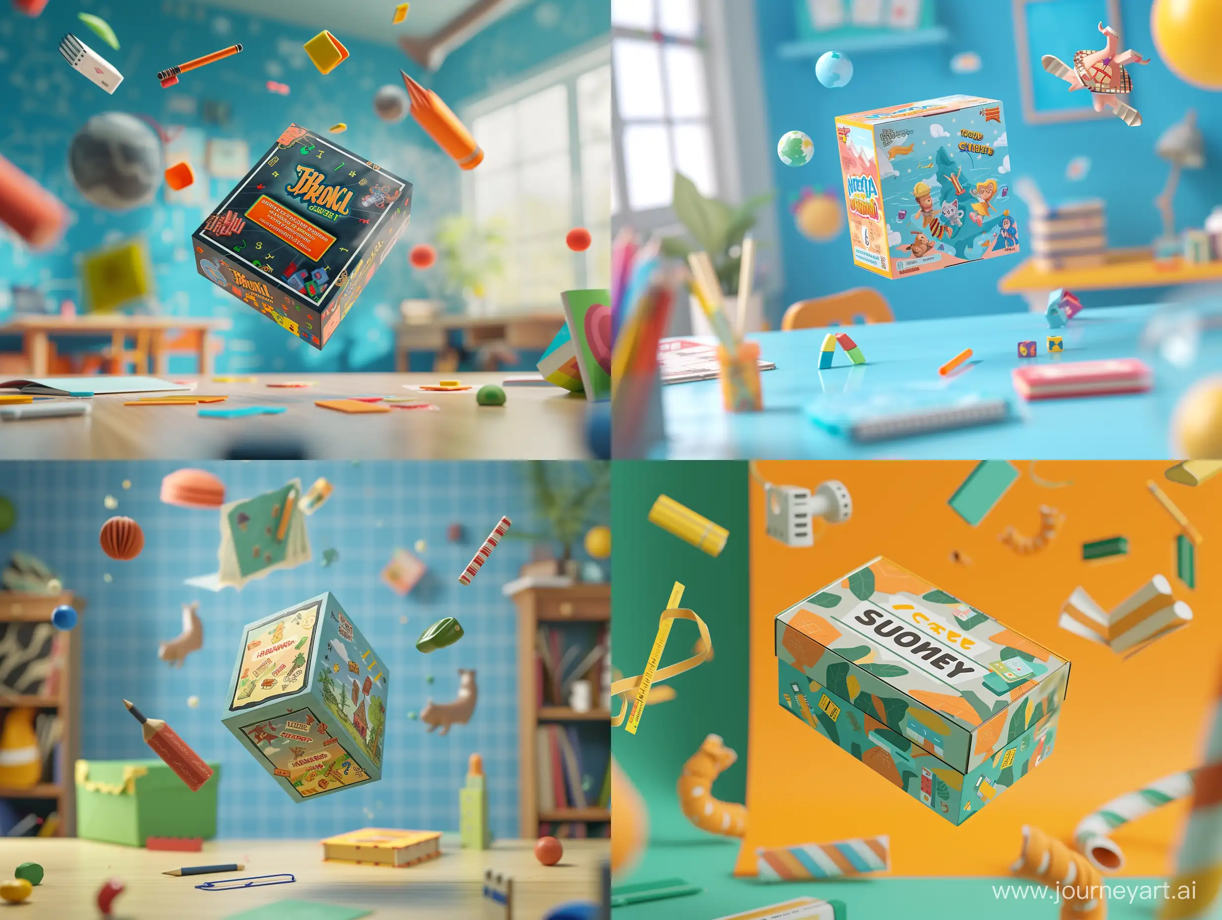 A mockup design of board game box, floating in the air, school items flying nearby