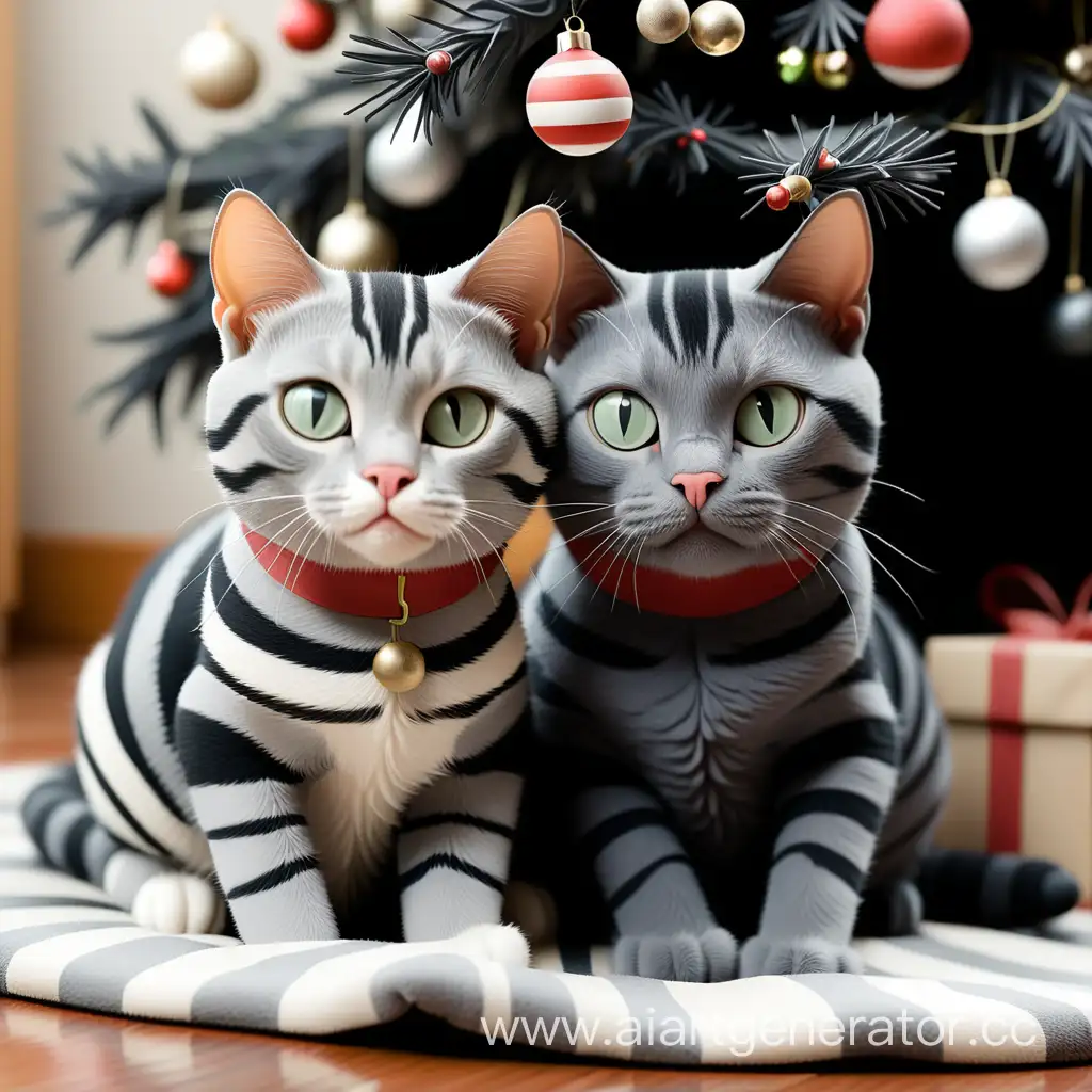 Два кота под рождественской ёлкой. Один серый, второй с серыми и черными полосками.