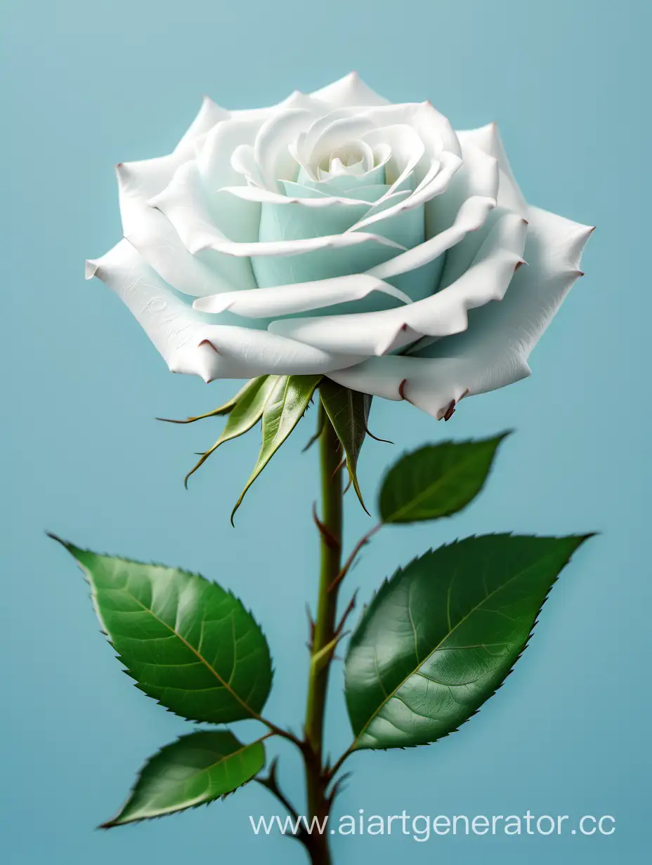 Elegant-4K-HD-White-Rose-with-Lush-Green-Leaves-on-Light-Blue-Background