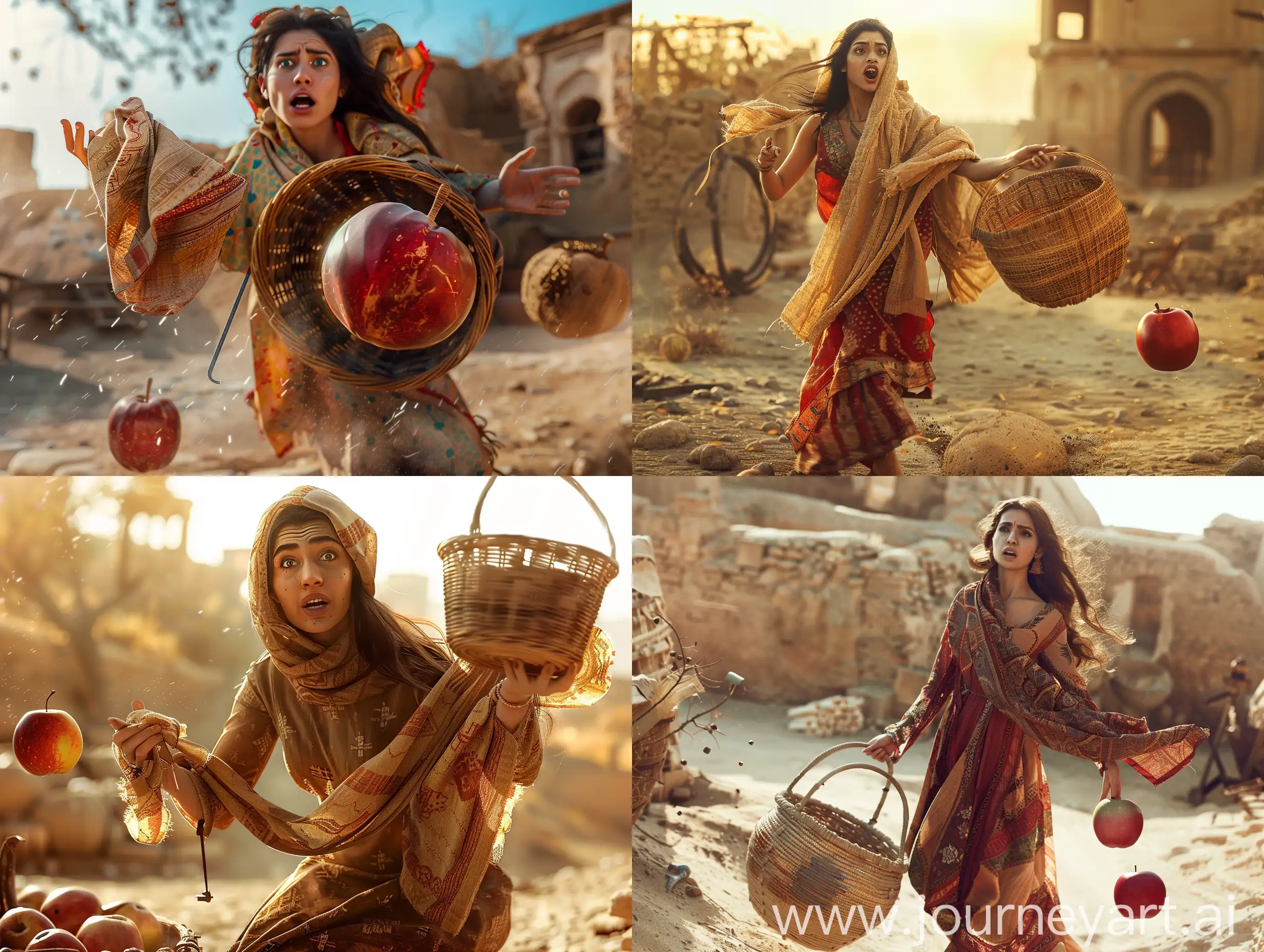 A beautiful Persian woman is scared and two baskets fall from her hand, one basket is full of Persian shawl and the other basket is a big apple on the ground. Loader is an ancient blacksmith workshop in Bam Citadel of Kerman. in a desert, in an ancient civilization, cinematic, epic realism,8K, highly detailed, natural lighting, glamour lighting, backlit