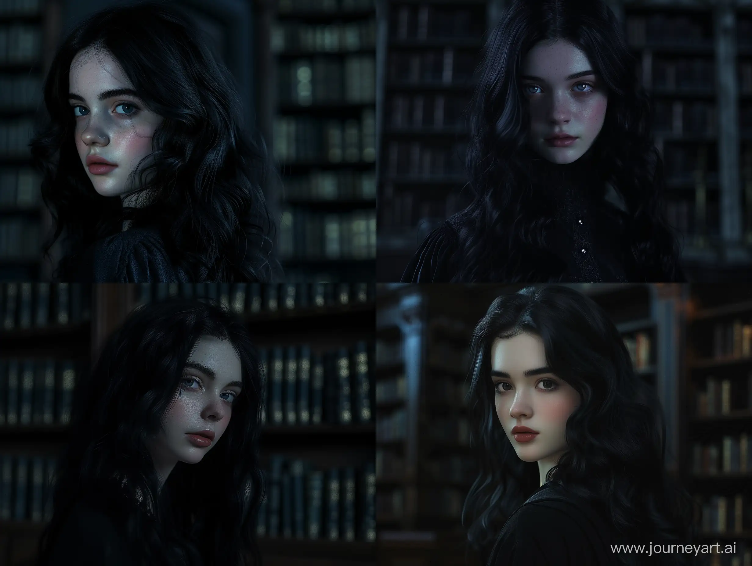 Enchanting-Dark-BlackHaired-Teen-Witch-in-Hogwarts-Library-Moonlight