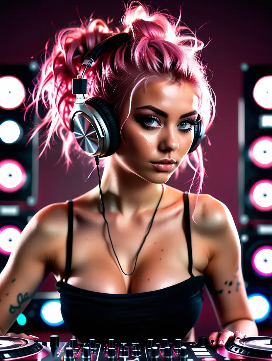 Beautiful Nordic woman, very attractive face, detailed eyes, big breasts, slim body, dark eye shadow, messy pink hair in an updo, wearing a tube top, as a DJ mixing live with headphones, close up, bokeh background, soft light on face, rim lighting, standing behind a professional DJ mixing station, illustration, very high detail, extra wide photo, full body photo, aerial photo