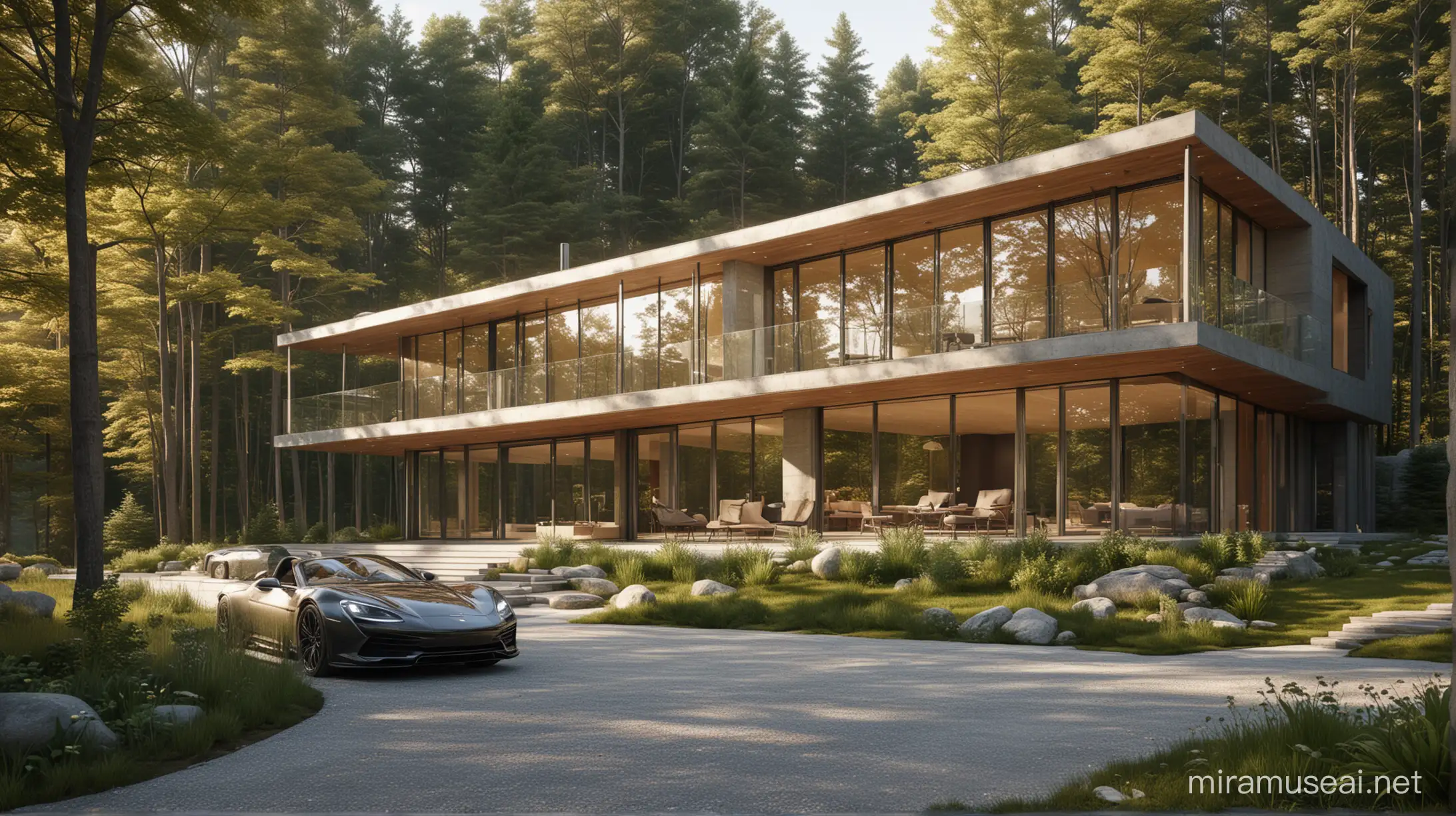 Luxurious Modern House in Serene Forest Setting with HighEnd Sports Cars