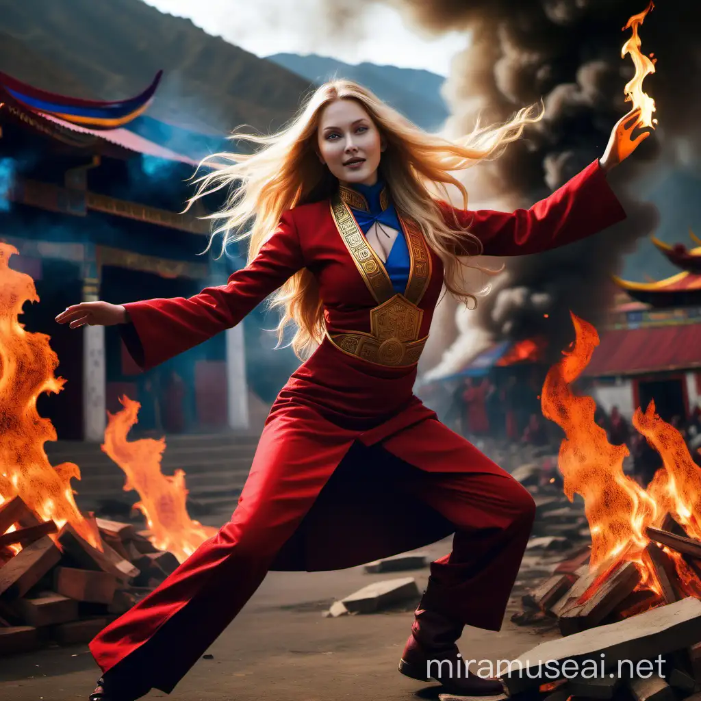 Sorceress Casting Fire in a Blazing Tibetan Monastery Kaliman War of the Kali