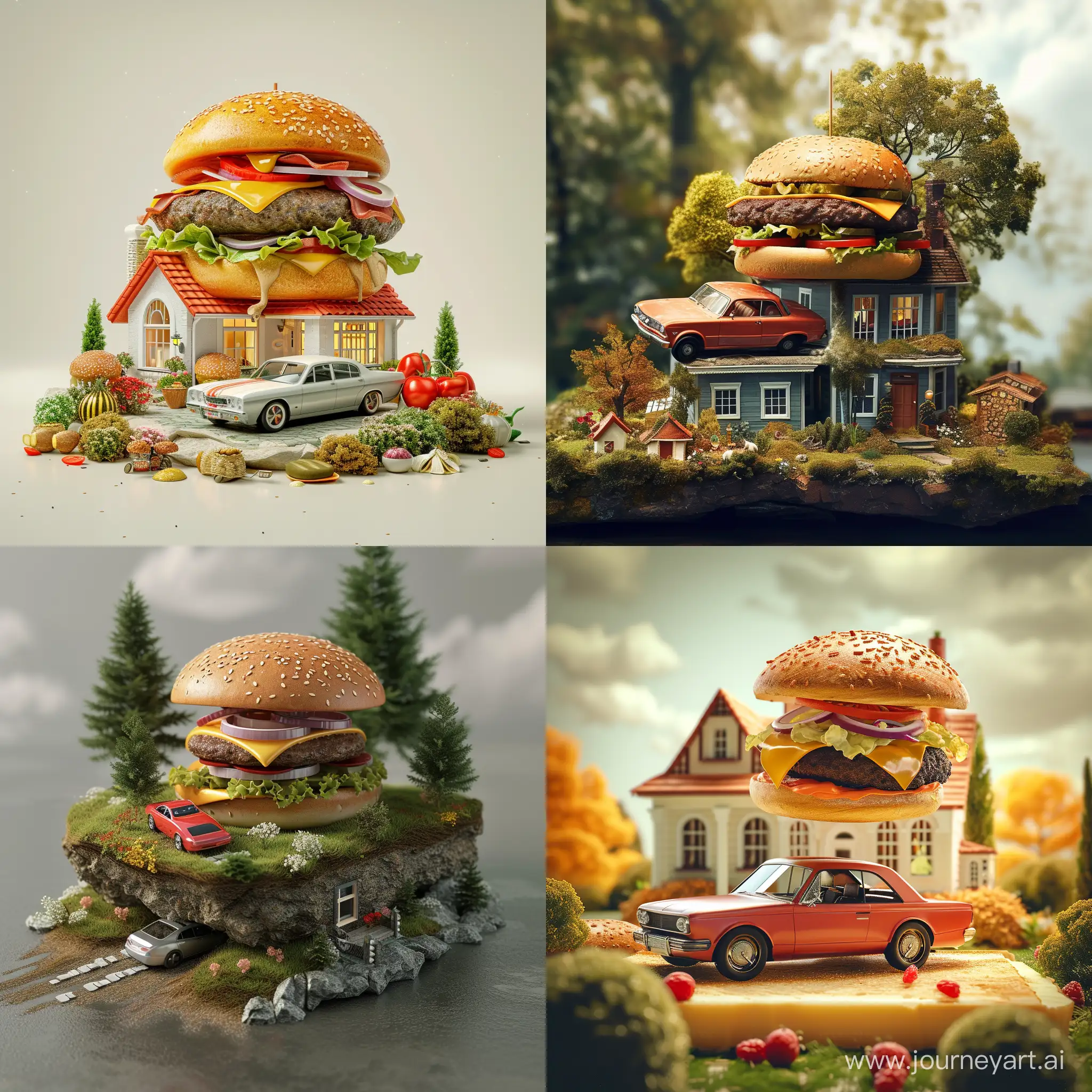 mixing of burger and car and house, realistic, fantasy style