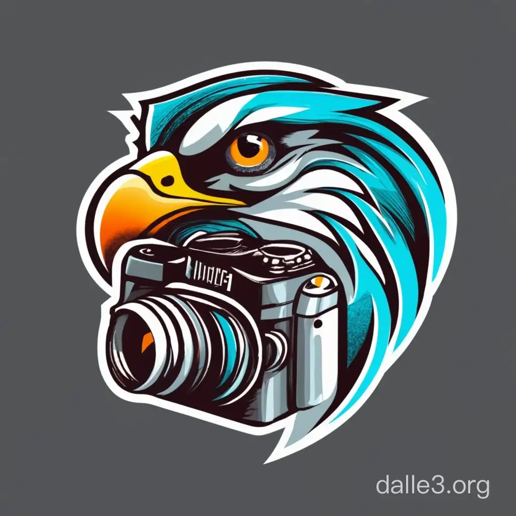 a logo that combines the head of a bird of prey - hawk, binoculars and a photocamera. The bird, binoculars and camera should not be elements of each other.