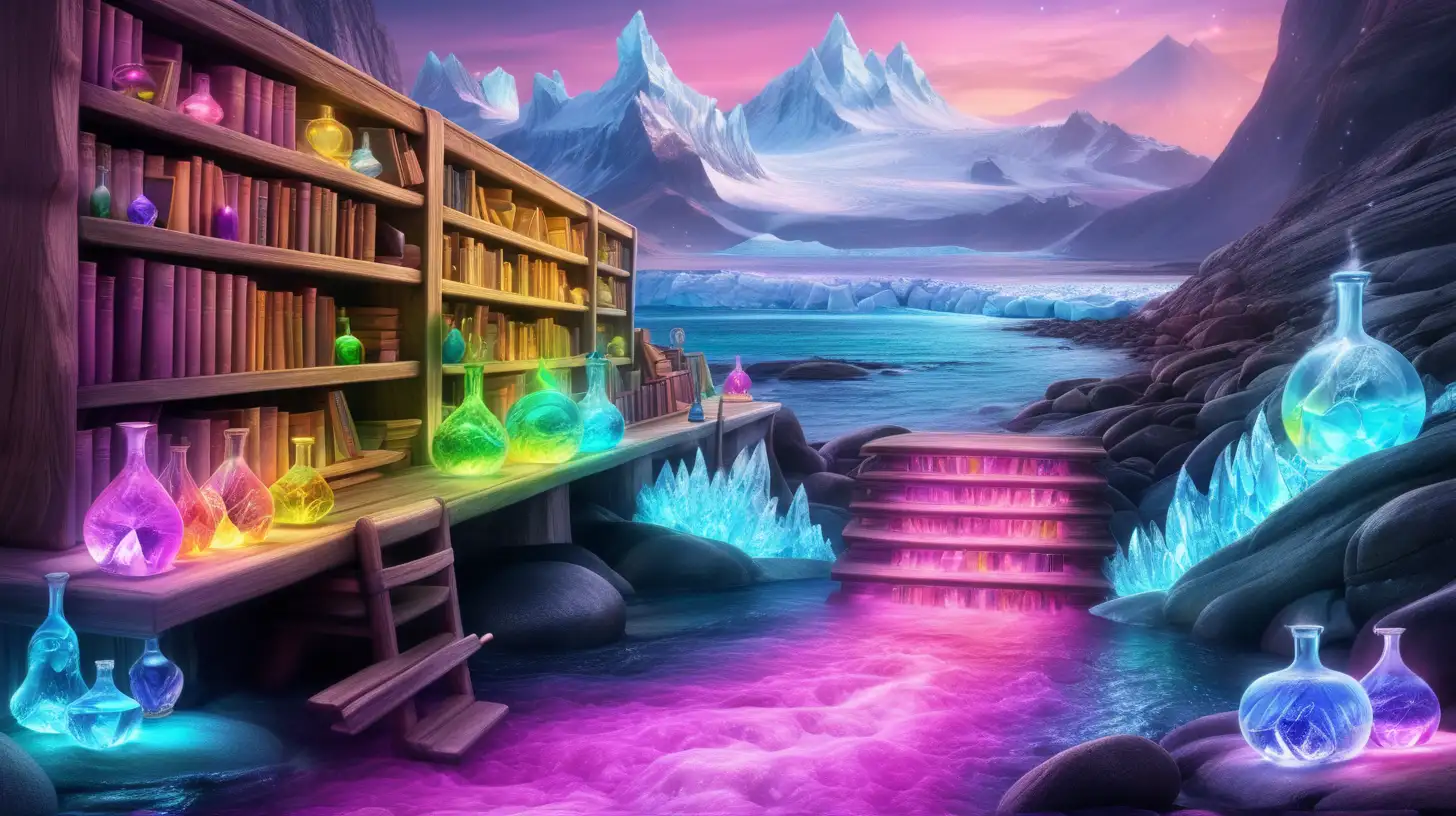 Enchanted Library Pathway of Potions to Luminous Flower Oasis amidst Pink River and BlueFire Lava Coast