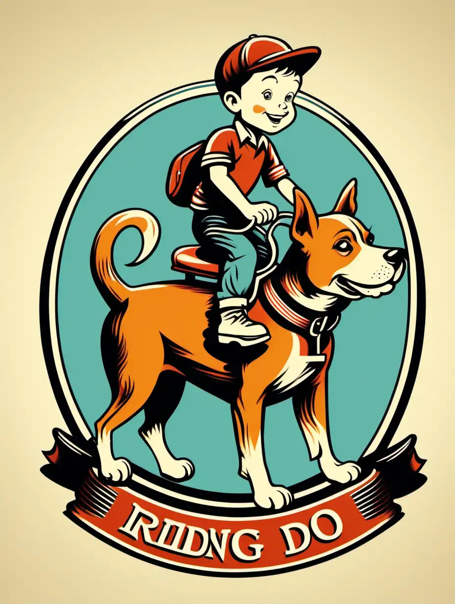 Boy Riding Dog Retro Style Detailed Illustration in Vibrant Color Palette for Logotype Design