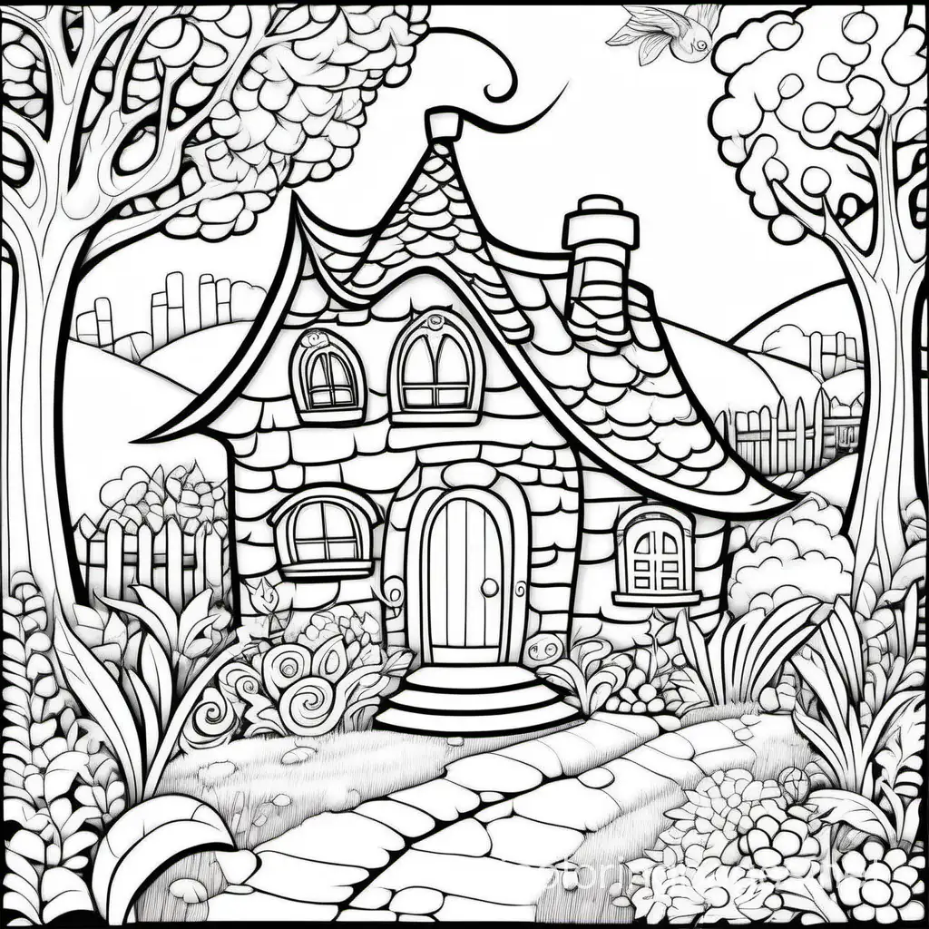 Fantasy-Storybook-Cottage-Coloring-Page-Swirling-Folk-Art-Style-with-Clean-Lines