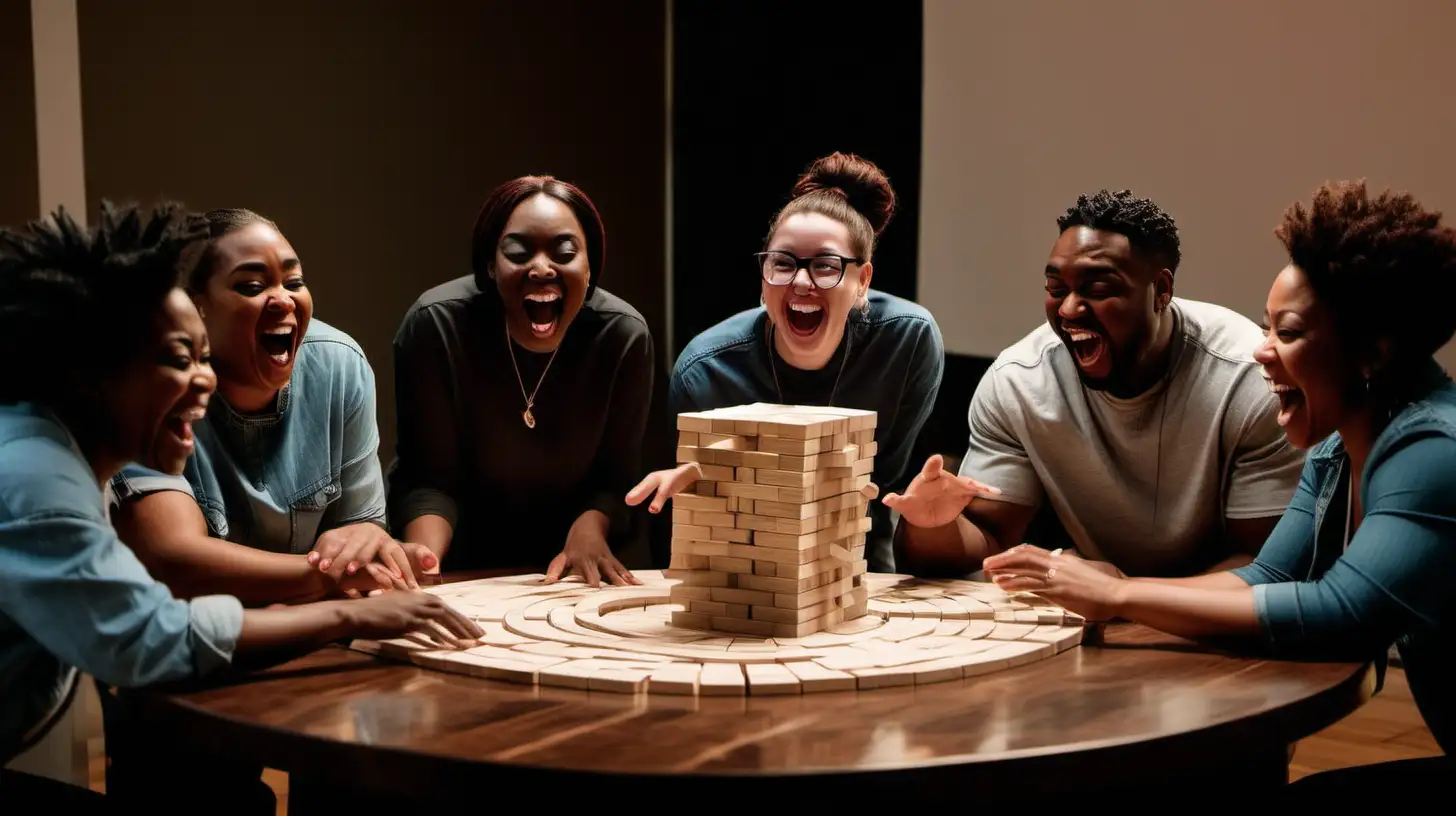A group of black adults playing Jenga game around a circular wooden table having fun laughing with movie projected in background