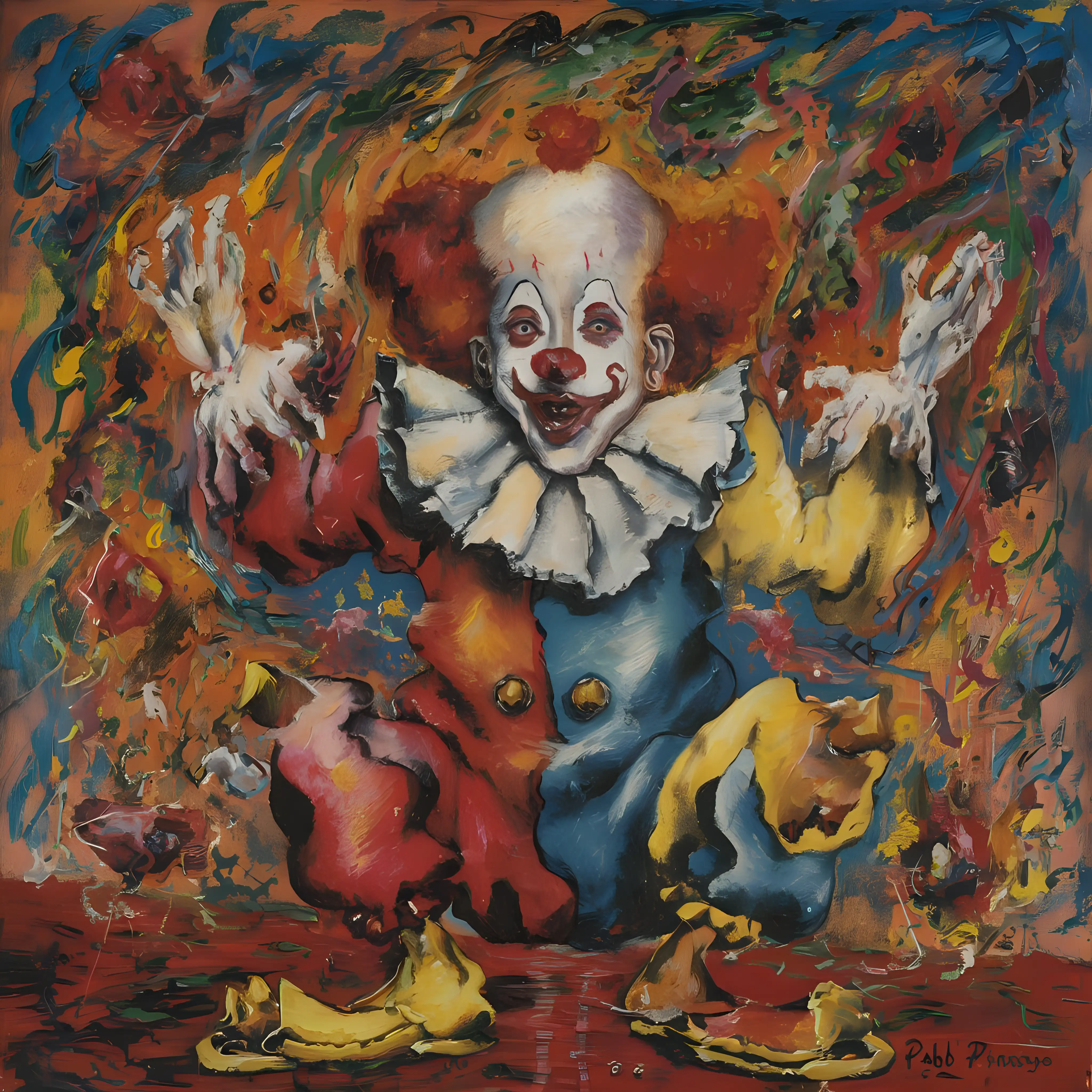 Oil painting of a distorted clown by Pablo Picasso