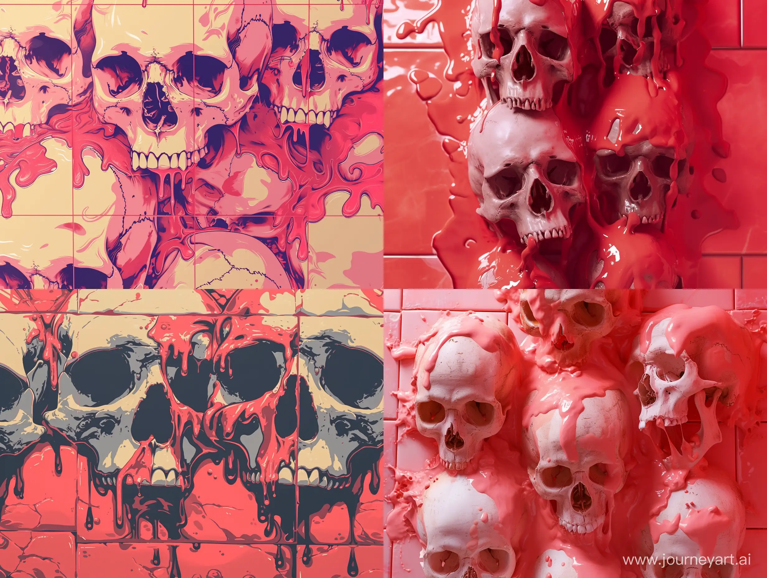 skulls melting on top of each other, bape style pattern, tile, red hues