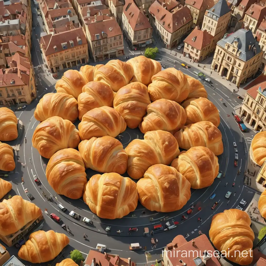 draw a city where where population is made of happy round croissants with different filling