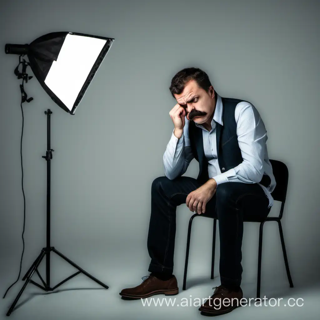 усатый грустный мужчина на фотосессии в студии