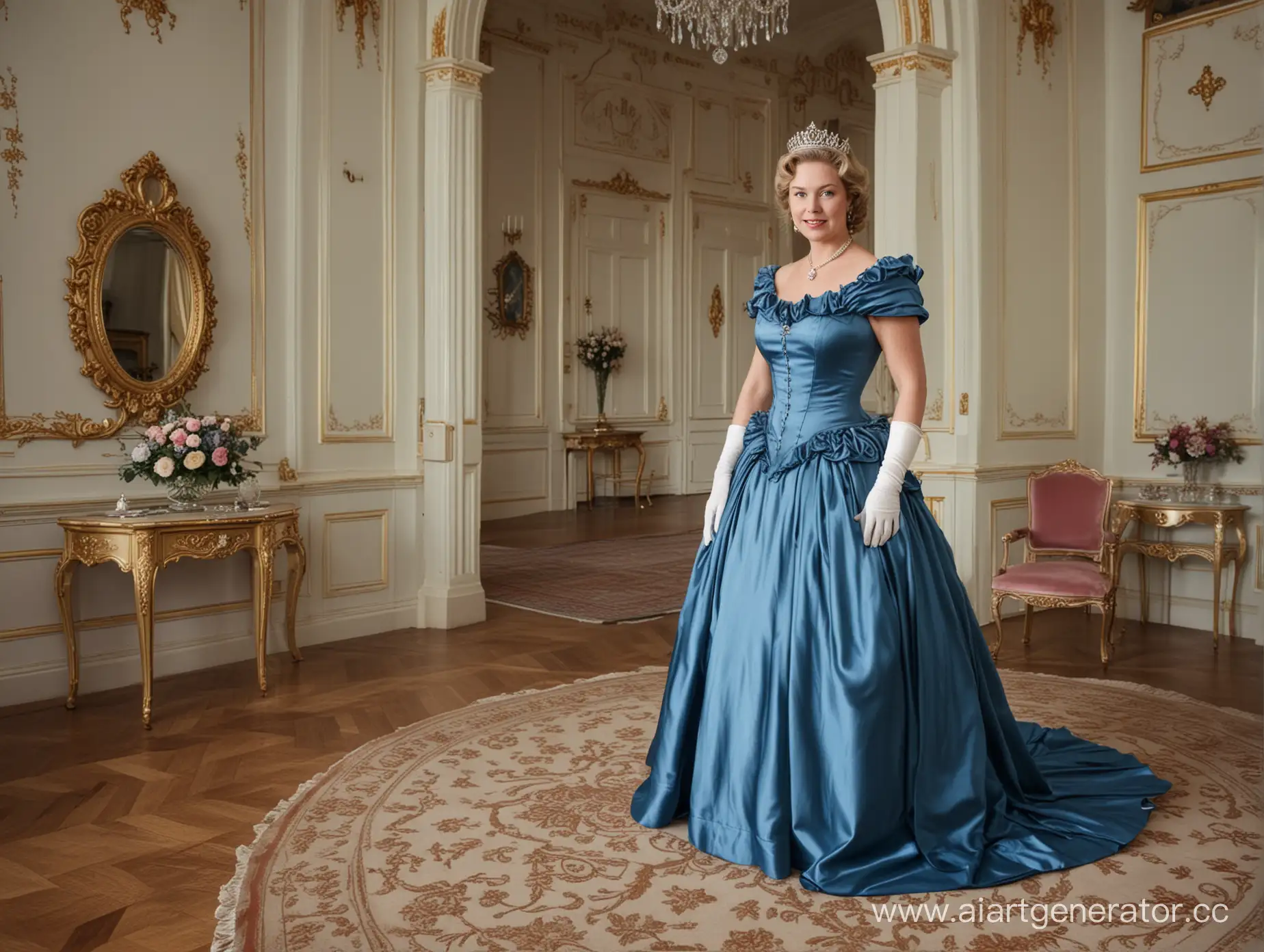 Elegant-Queen-in-Sapphire-Satin-Dress-Standing-in-Royal-Bedroom