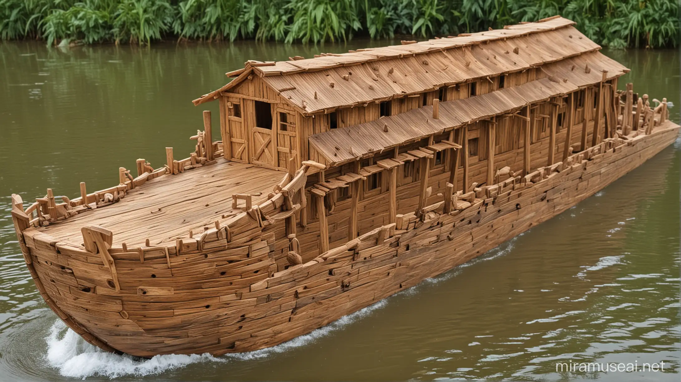 Noah's  ark, made of gopher wood, to go on the flood waters. It should be big enough for many different types of animals to enter in via a ramp.