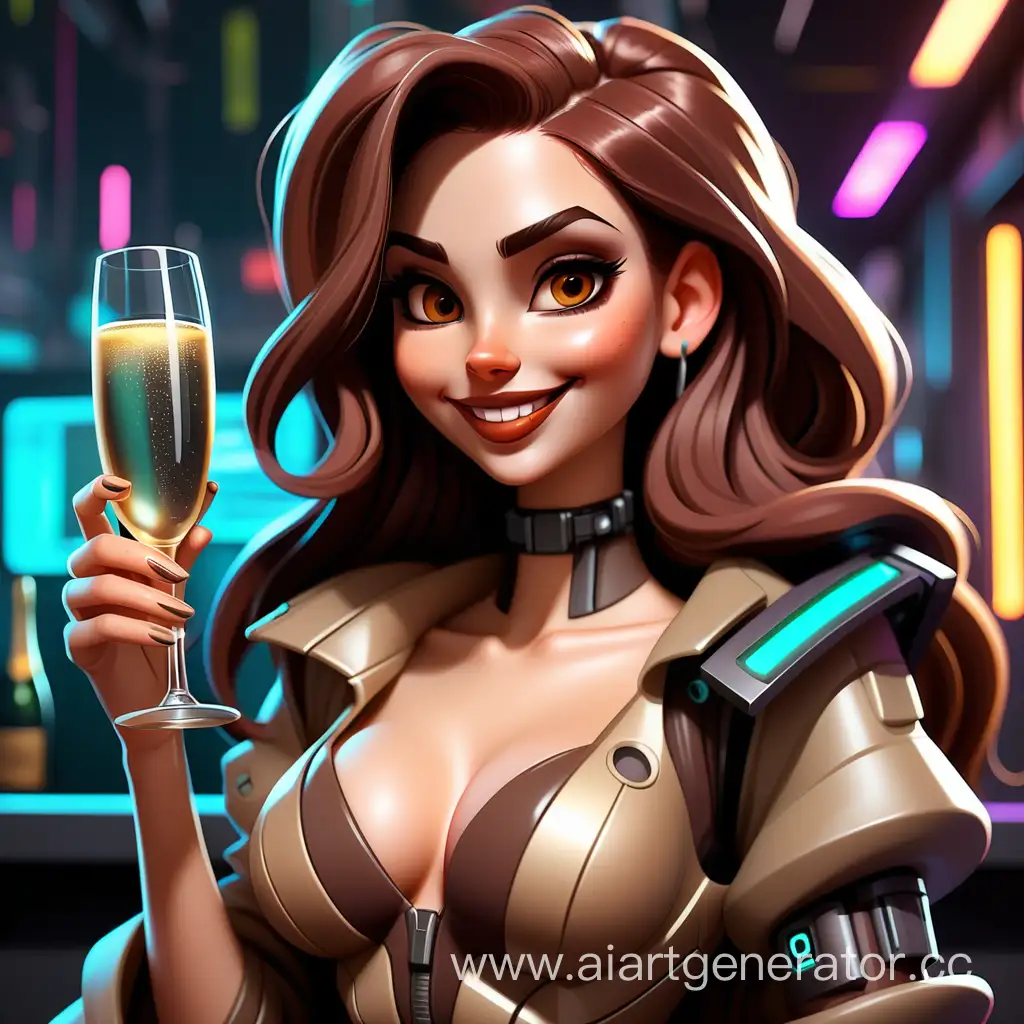 Charming-Cyberpunk-Girl-with-Champagne-in-Cartoon-Style