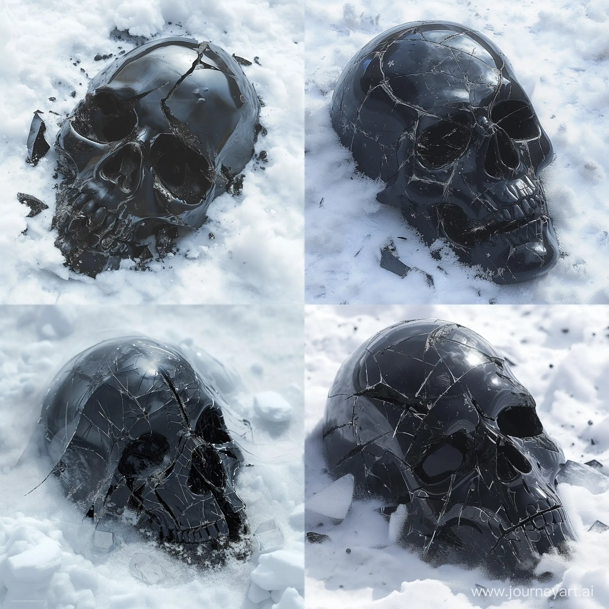 music album cover, clear art, black reaper sсi fi  mask lies in the snow, cracked, darksouls style