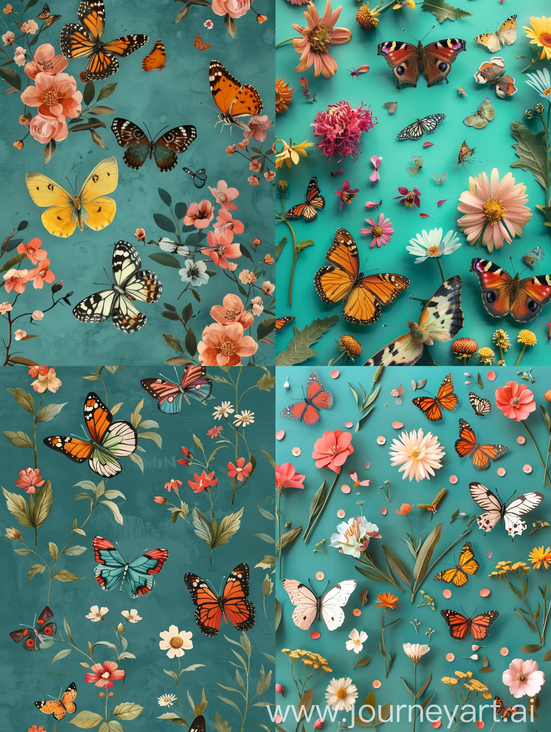 Colourful butterflies and flowers on a teal background