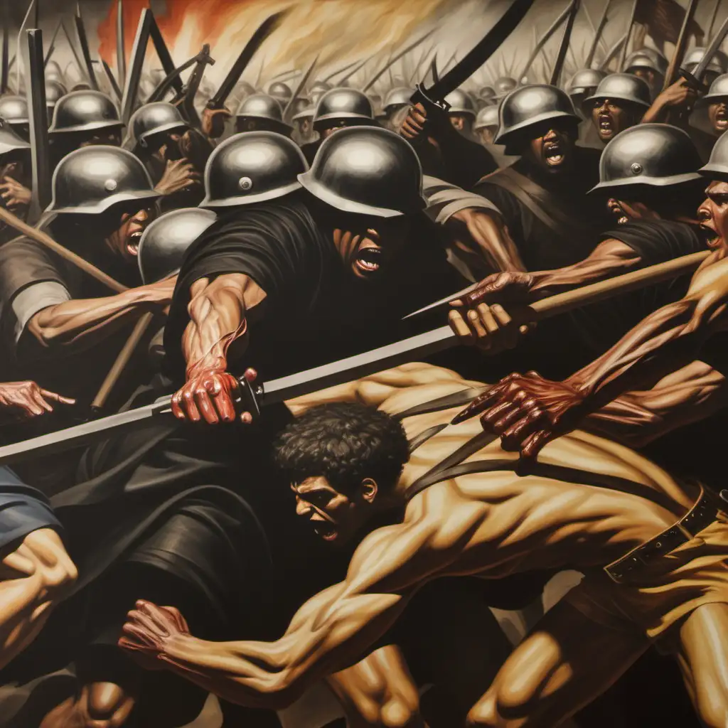 A close-up of a painting depicting a scene of violence or oppression