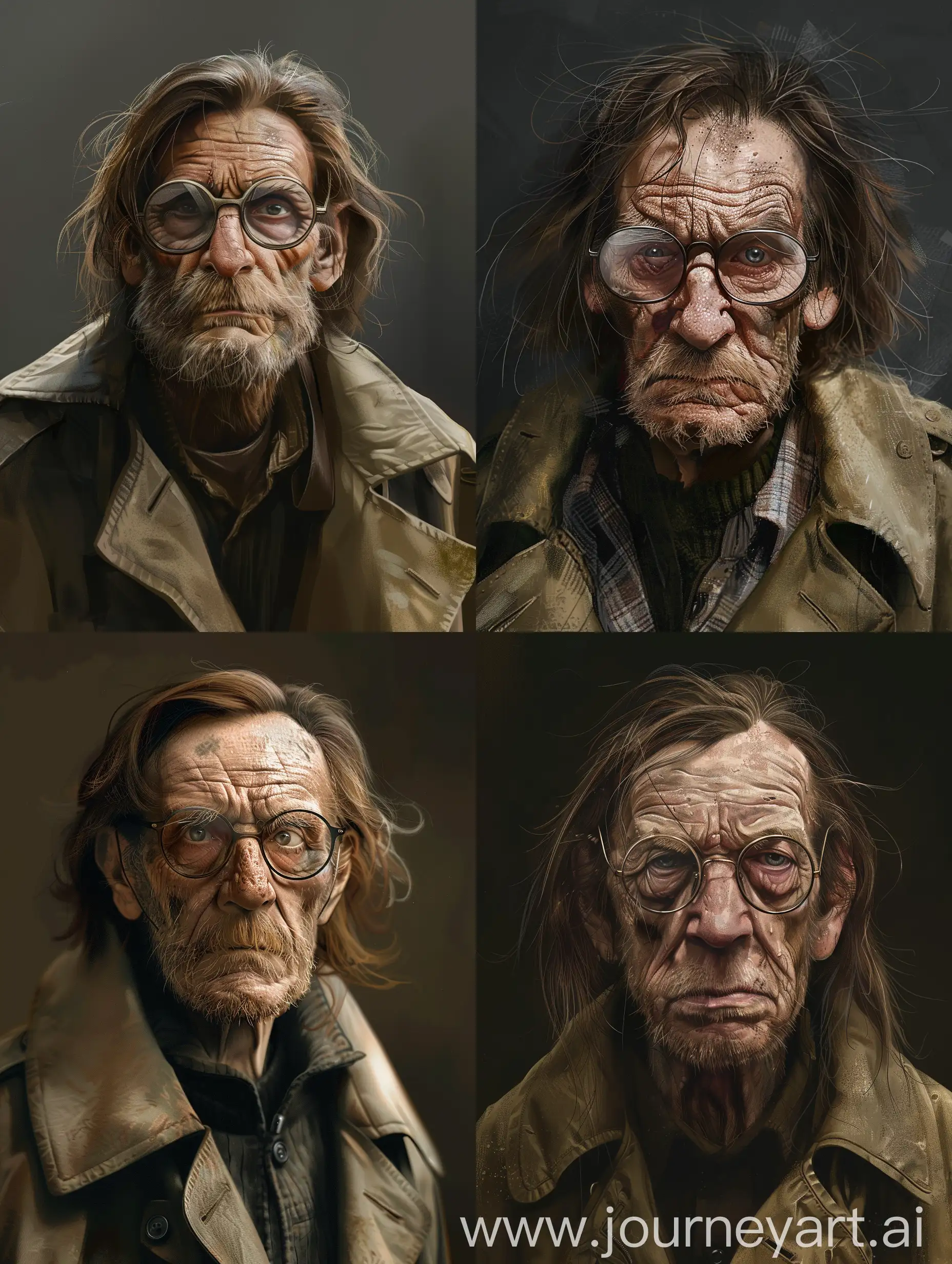 Old white man, thick glassess, stubble on the face, unwashed shoulder-long brown hair, trench coat, portrait, realistic style