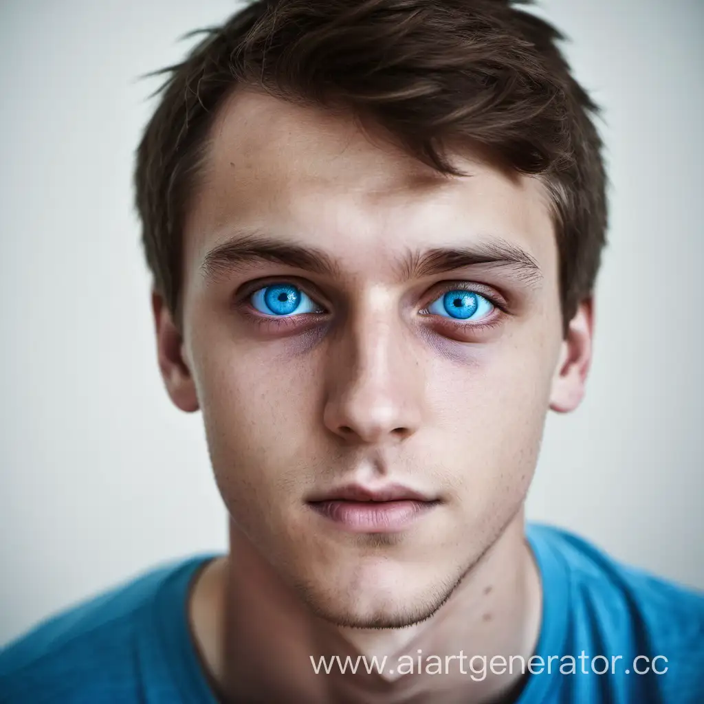 Portrait of a person, looking at the viewer. A young man, brunette with blue eyes.