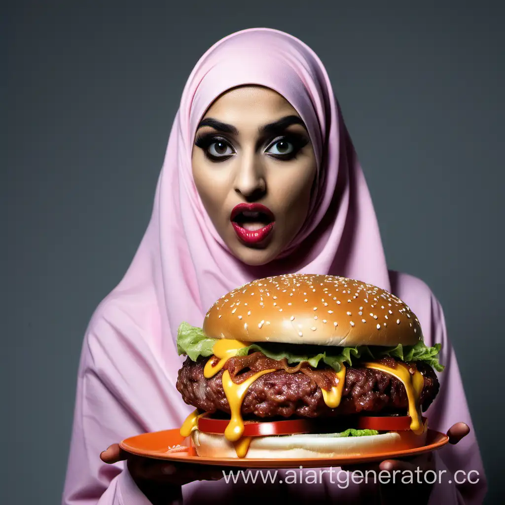 A monster-burger bites a woman that wears hijaab