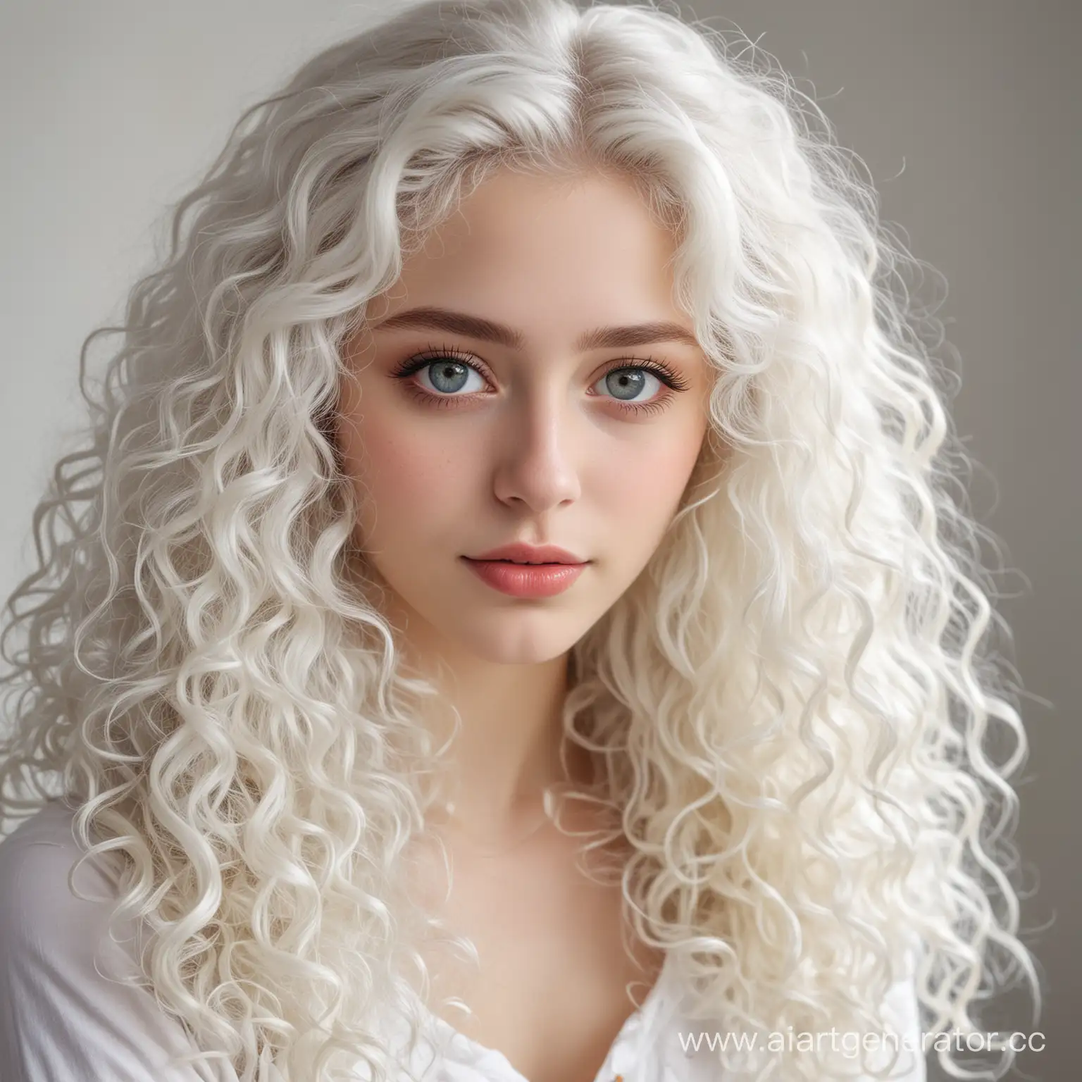 Красивая девушка, с глазами цвета молока и длинными кудрявыми белыми волосами, по пояс 