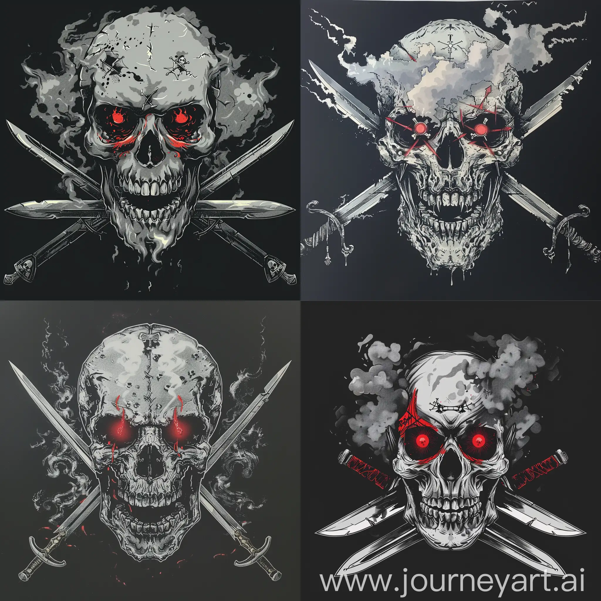 Eerie-Skull-with-Red-Eyes-and-Smoking-Swords-on-Black-Background