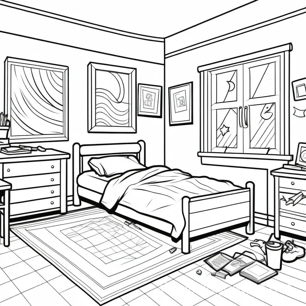MESSY ROOM, Coloring Page, black and white, line art, white background, Simplicity, Ample White Space. The background of the coloring page is plain white to make it easy for young children to color within the lines. The outlines of all the subjects are easy to distinguish, making it simple for kids to color without too much difficulty