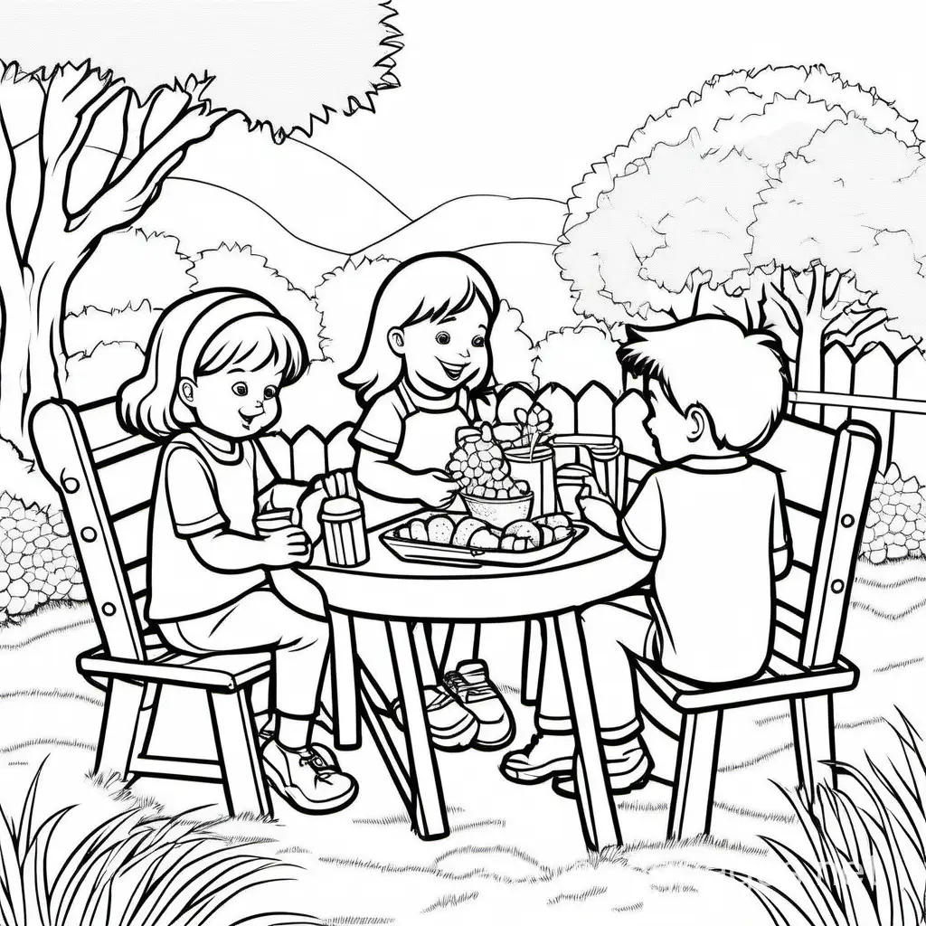 Children having a picnic in the garden, Coloring Page, black and white, line art, white background, Simplicity, Ample White Space. The background of the coloring page is plain white to make it easy for young children to color within the lines. The outlines of all the subjects are easy to distinguish, making it simple for kids to color without too much difficulty