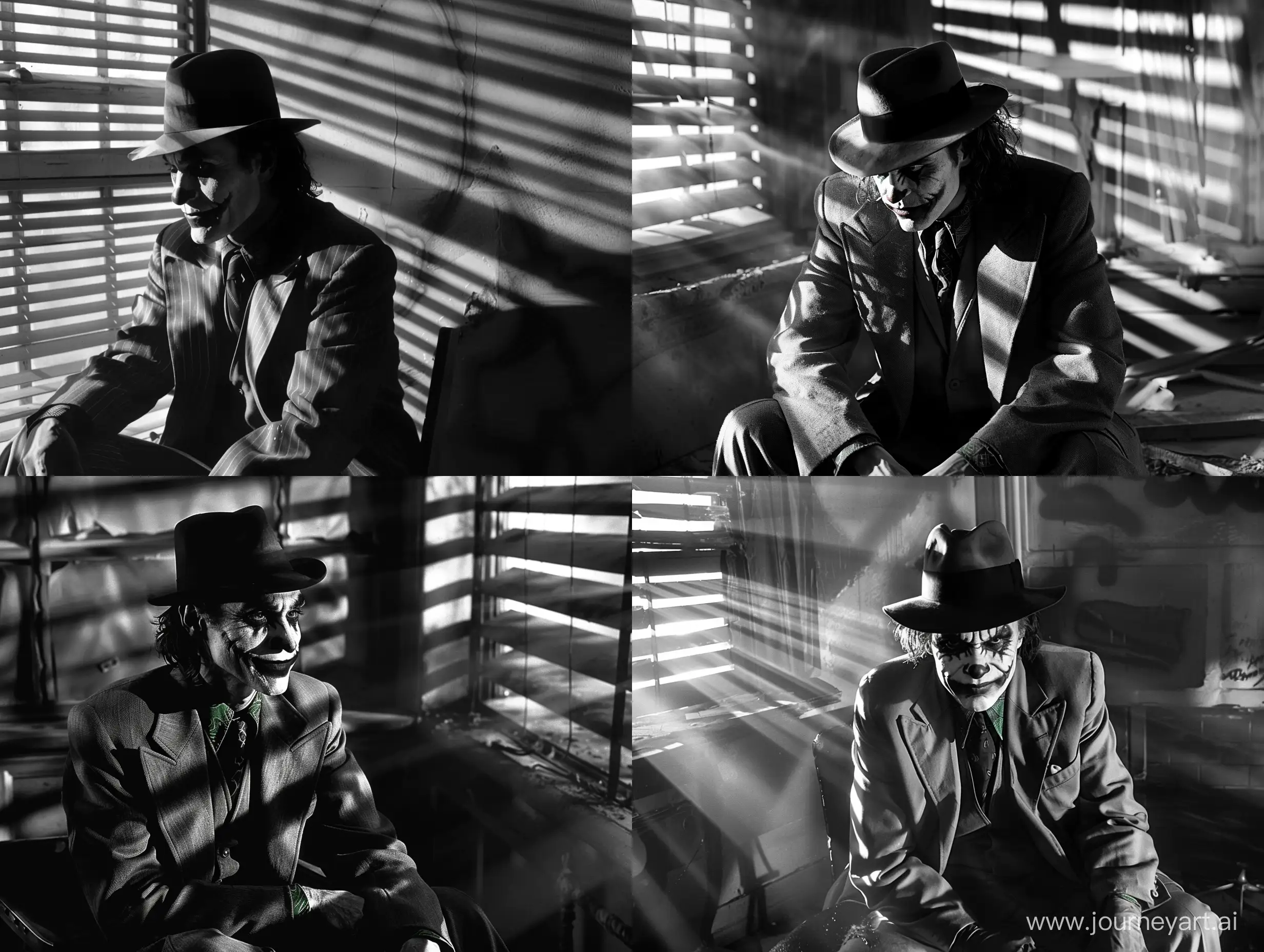 The Joker is sitting in a hat and suit, noir film, monochrome film, harsh shadows and light, dirty ruined office of New York 50s, light through the blinds, cinematic, film noise