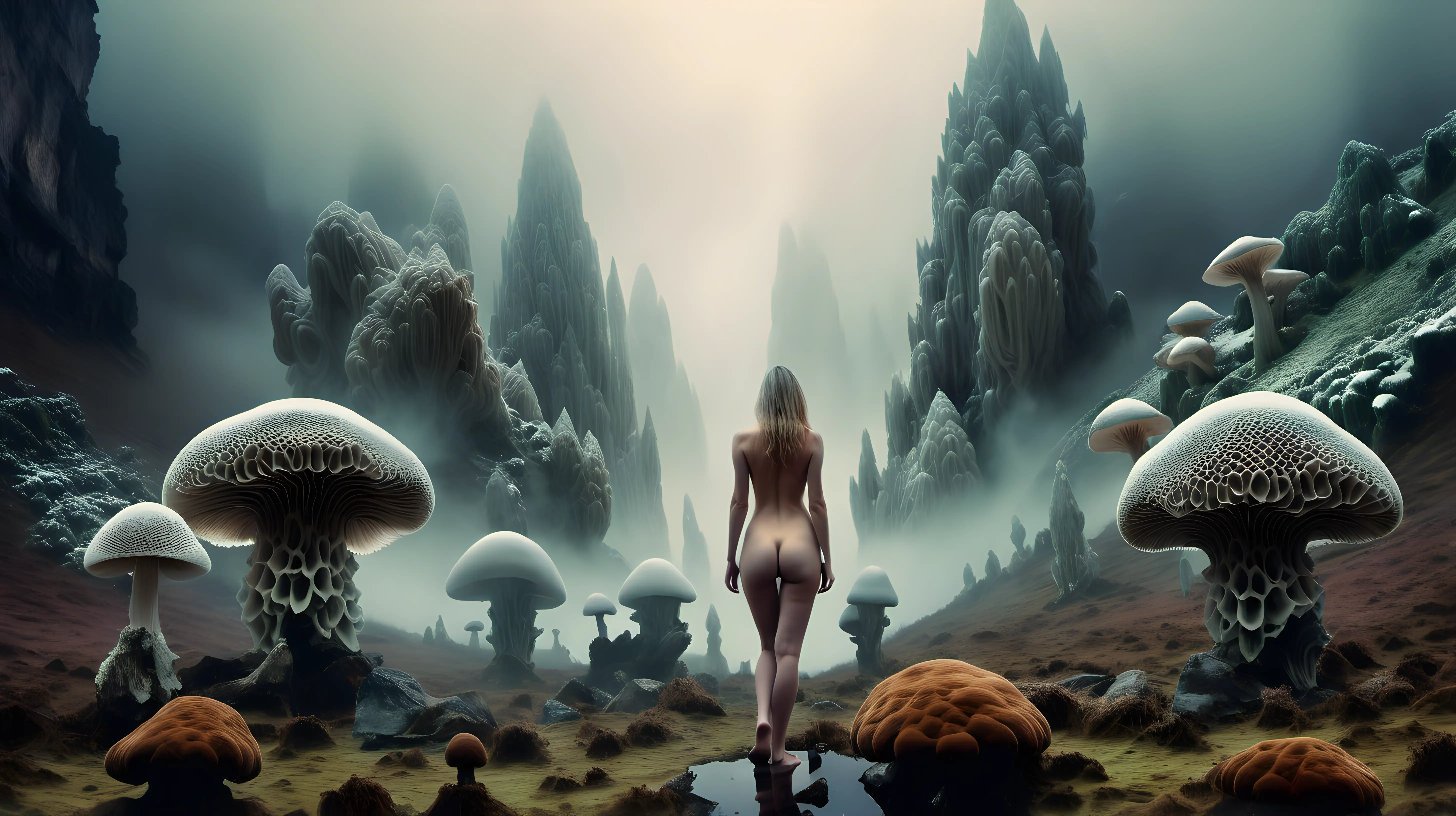 Psychedelic mountainous desert landscape, soft lighting, large crystalline minerals, icy scene, nude woman standing in center and looking away from viewer, Moss, foggy mist, gigantic morel mushrooms up to the sky, taken with DSLR camera, vast, realistic lighting