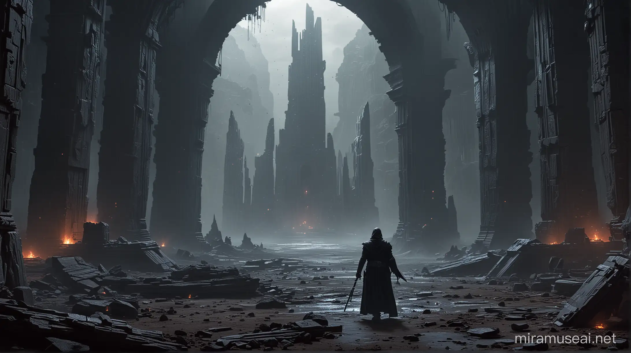 Dark Jedi Exploring Ruined Temple for Lost Knowledge