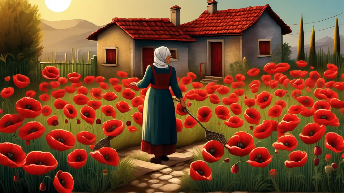 In beautiful subtle cartoon style,  an image of an old Albanian woman tending her garden of red poppies in front of her house and a lot of warm light with vivid colors and lively details,  ultra hd, children book,  highly detailed, perfect composition, beautiful detailed intricate insanely detailed perfect light