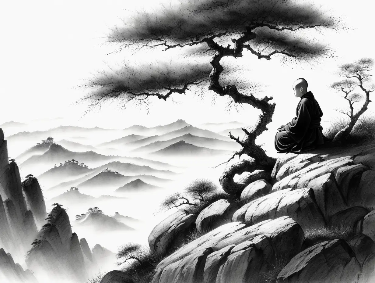 Serene Black and White Eastern Ink Painting Meditating Monk atop Tall Mountain