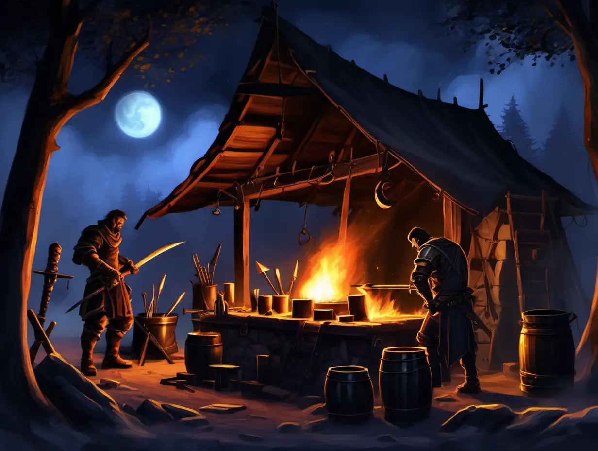 fantasy mercenary camp, Medieval blacksmith forge, night, painting