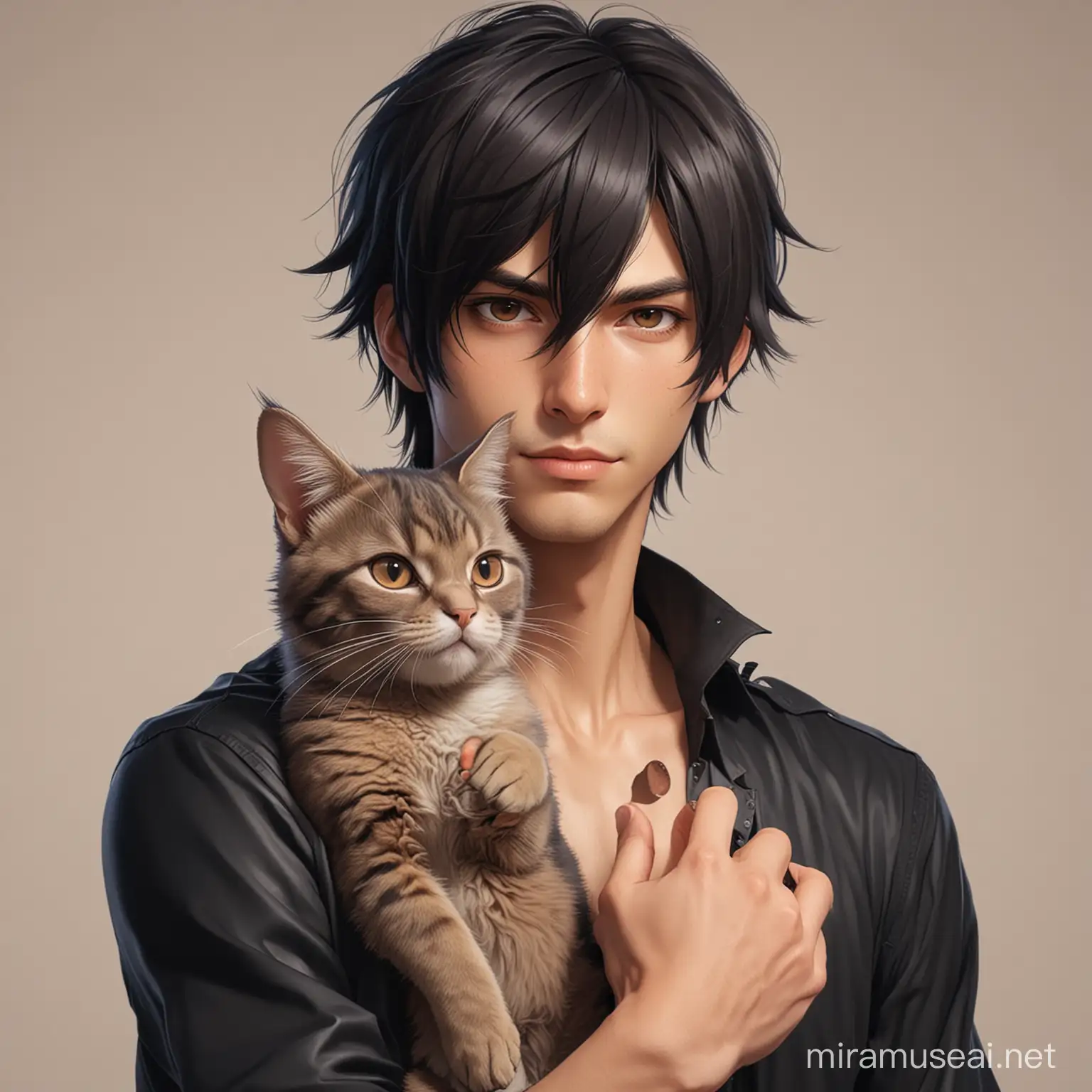 anime rabbit man with black hair, he is holding an anime cat woman with brown hair.