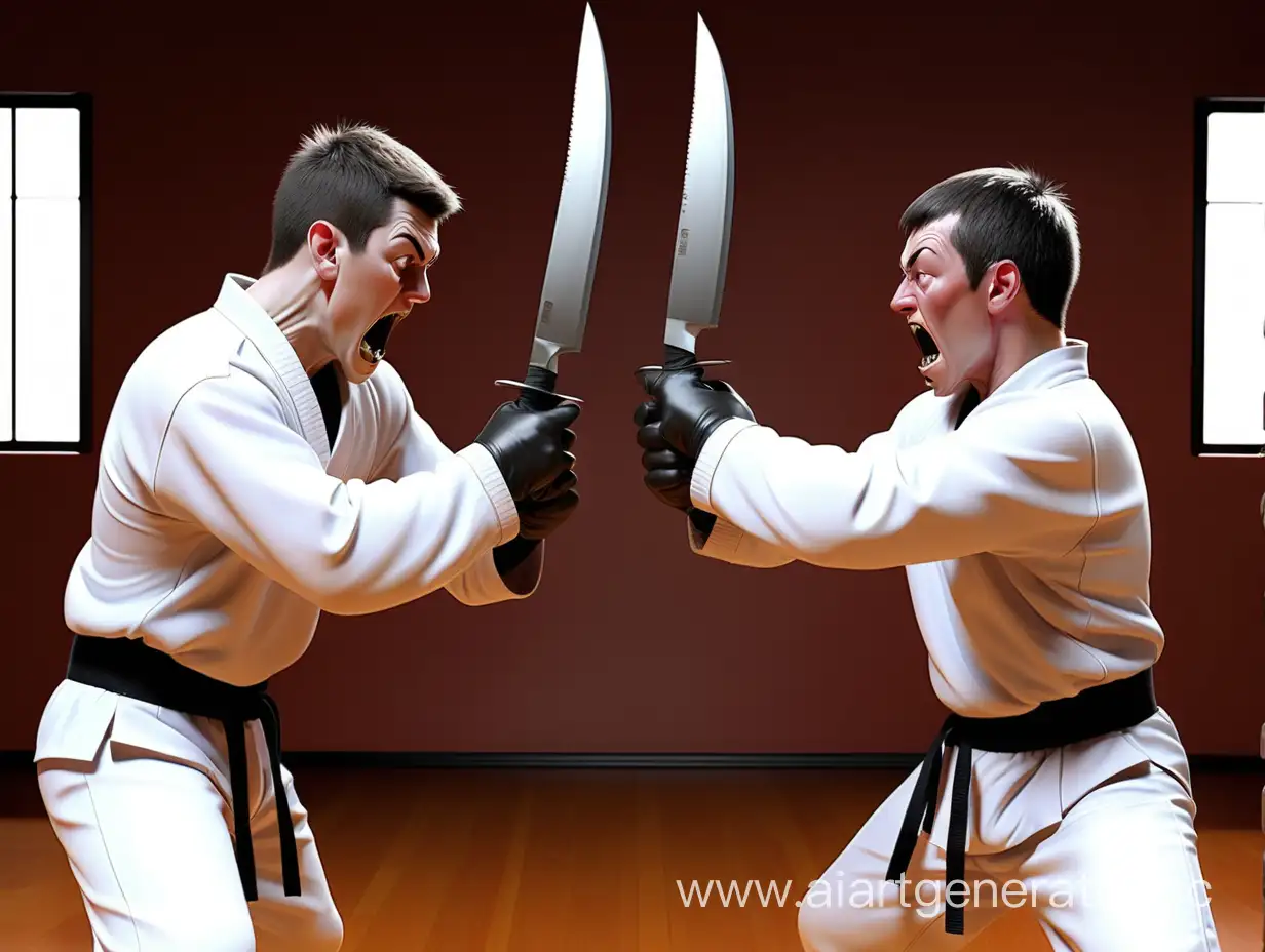  2 Мужчины в спортивной форме спарингуют ножами
