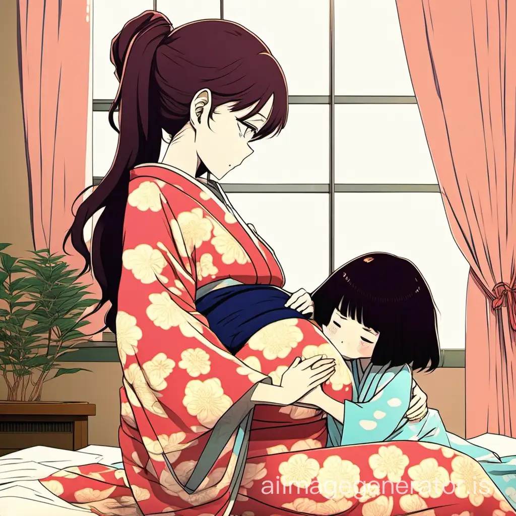 (classic anime) young pregnant mother hurts at contractions and her little daughter is hugging her mommy's tummy in (kimono)