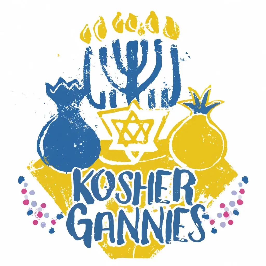 logo, Israel, yellow, blue, white, Menorah, Paul Klee, pomegranate, star of David, simple, on tablecloth, Jerusalem, with the text "Kosher Grannies", typography, be used in the automotive industry