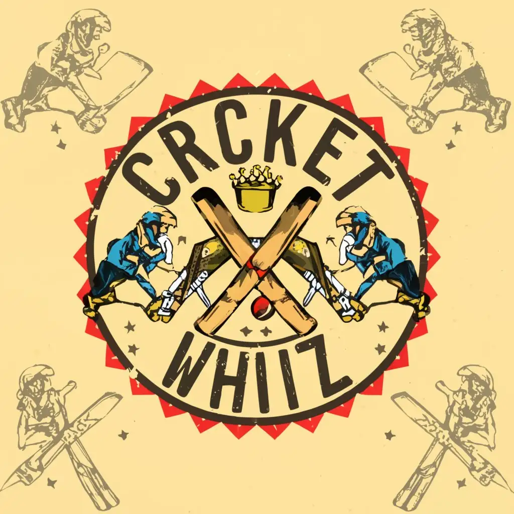 a logo design,with the text 'CricketQuizWhiz', main symbol:Cricket stumps  cricket bat Cricket ball batsman bowler yellow background ,Moderate,clear background