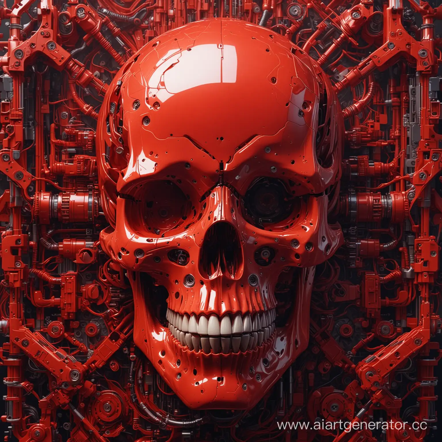 абстракция, роботический череп, всё в красных тонах, дизайн будущего, фотореалистичность