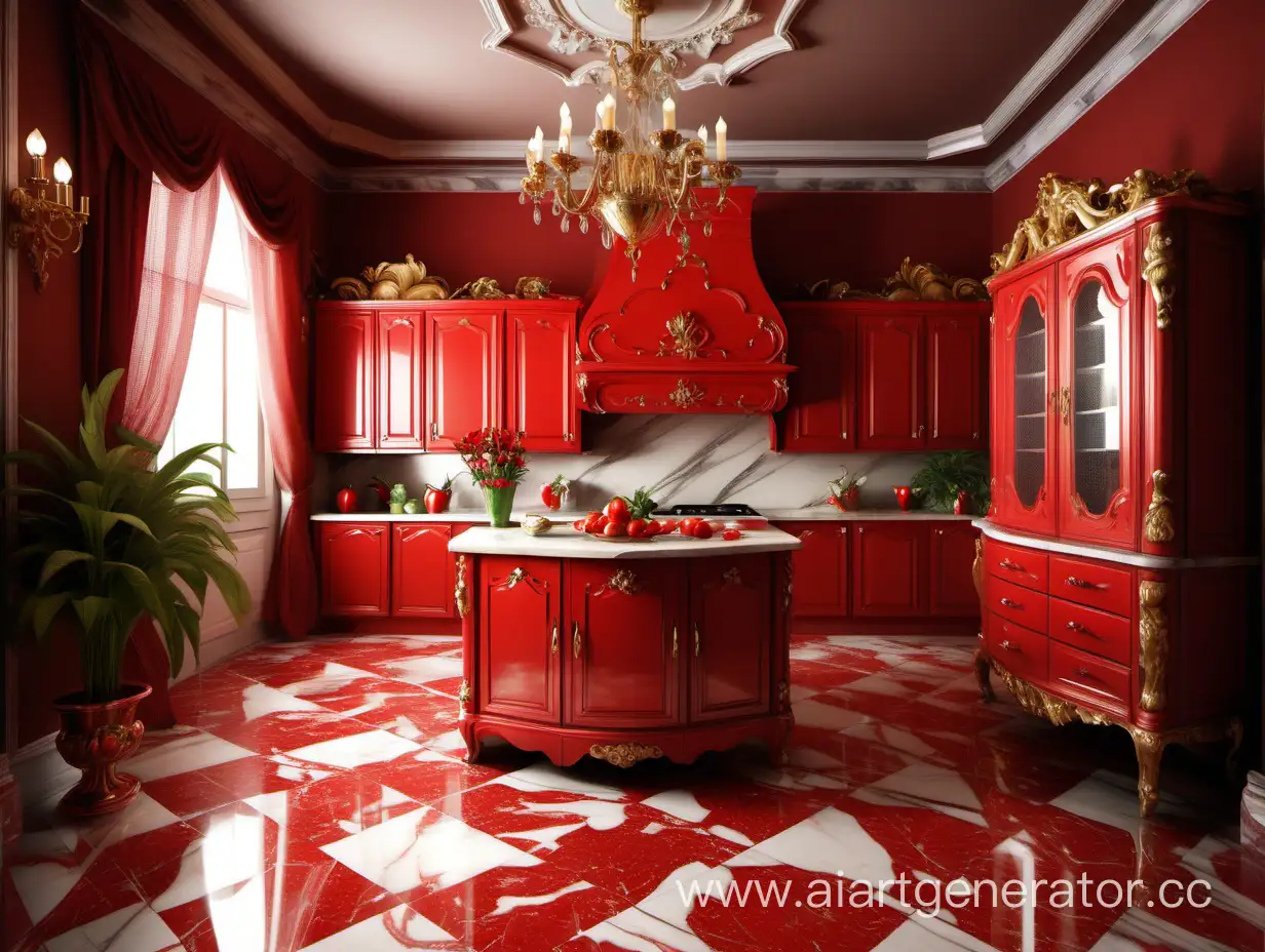 Luxurious-BaroqueStyle-Kitchen-Interior-with-Warm-Tones-and-Red-Furniture